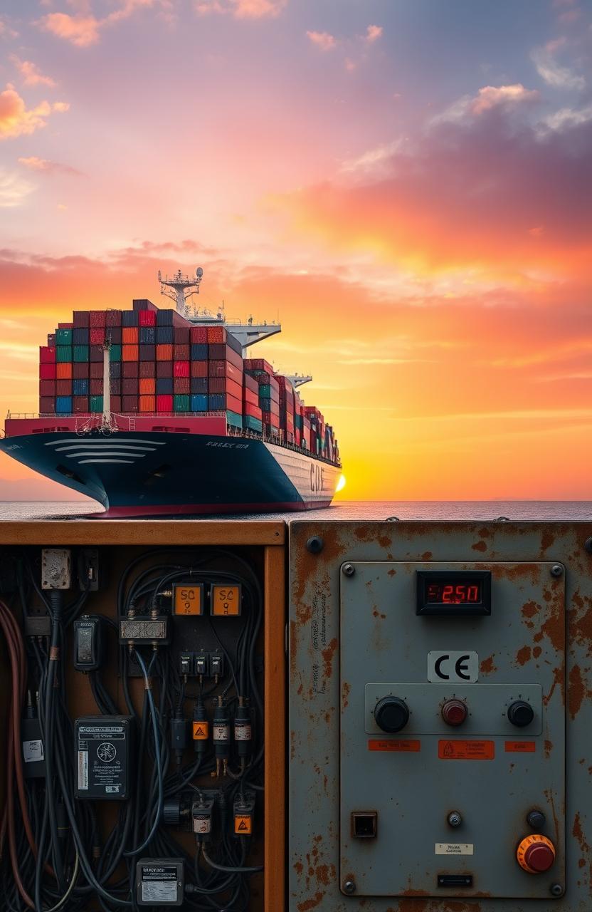 A massive container ship on the open sea, anchored against a breathtaking sunset background, with colorful shipping containers stacked high on its deck