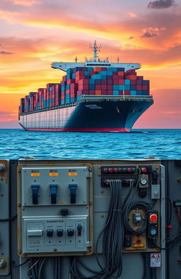 A massive container ship on the open sea, anchored against a breathtaking sunset background, with colorful shipping containers stacked high on its deck