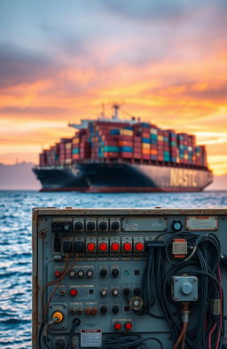 A massive container ship on the open sea, anchored against a breathtaking sunset background, with colorful shipping containers stacked high on its deck