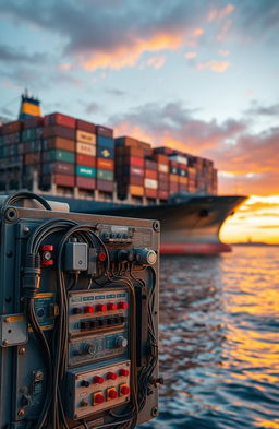 A massive container ship on the open sea, anchored against a breathtaking sunset background, with colorful shipping containers stacked high on its deck