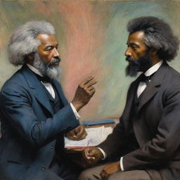 Illustrate Frederick Douglass in a passionate debate with another person, painted in Claude Monet's impressionistic style. The two figures are highlighted by vibrant strokes, their expressions and animated gestures communicating the intensity of their intellectual exchange.