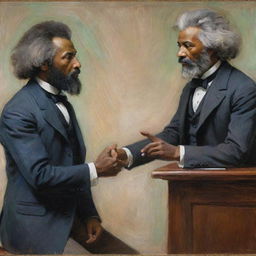 Illustrate Frederick Douglass in a passionate debate with another person, painted in Claude Monet's impressionistic style. The two figures are highlighted by vibrant strokes, their expressions and animated gestures communicating the intensity of their intellectual exchange.