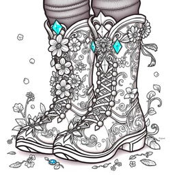 A coloring page illustration of a pair of fantasy men's boots designed for gnomes, elves, or fairies