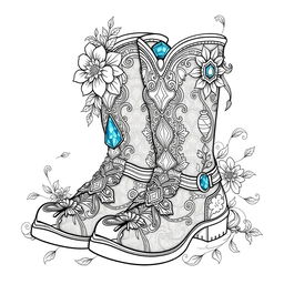 A coloring page illustration of a pair of fantasy men's boots designed for gnomes, elves, or fairies