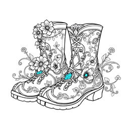 A coloring page illustration of a pair of fantasy men's boots designed for gnomes, elves, or fairies