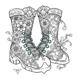 A coloring page illustration of a pair of fantasy men's boots designed for gnomes, elves, or fairies