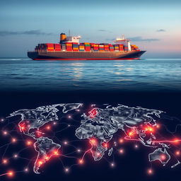 A contemporary container ship prominently displayed in the background, sailing on tranquil waters