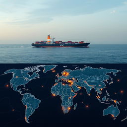 A contemporary container ship prominently displayed in the background, sailing on tranquil waters