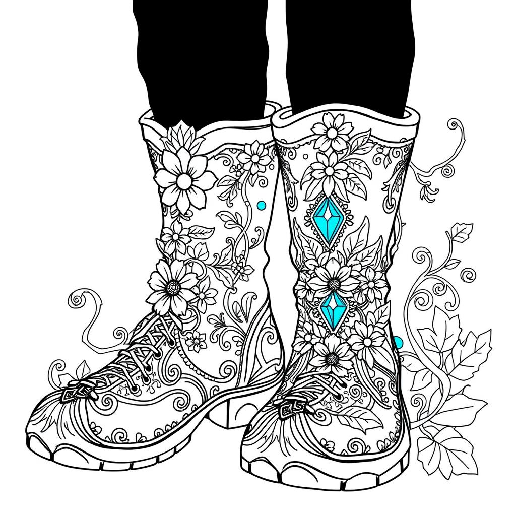 A coloring page illustration of a pair of fantasy men's boots designed for gnomes, elves, or fairies