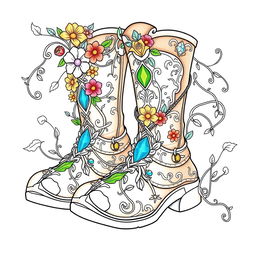 A coloring page illustration of a pair of fantasy men's boots designed for gnomes, elves, or fairies
