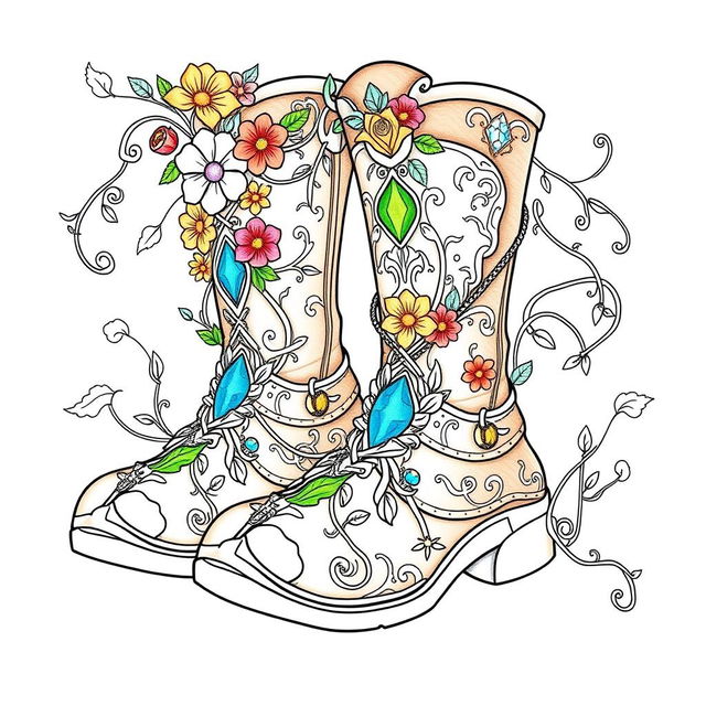 A coloring page illustration of a pair of fantasy men's boots designed for gnomes, elves, or fairies