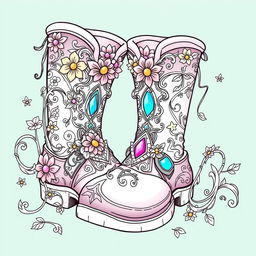 A coloring page illustration of a pair of fantasy men's boots designed for gnomes, elves, or fairies