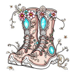 A coloring page illustration of a pair of fantasy men's boots designed for gnomes, elves, or fairies