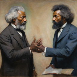 Illustrate Frederick Douglass in a passionate debate with another person, painted in Claude Monet's impressionistic style. The two figures are highlighted by vibrant strokes, their expressions and animated gestures communicating the intensity of their intellectual exchange.