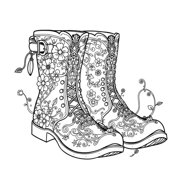 A black-and-white coloring page illustration of a pair of fantasy men's boots designed for gnomes, elves, or fairies