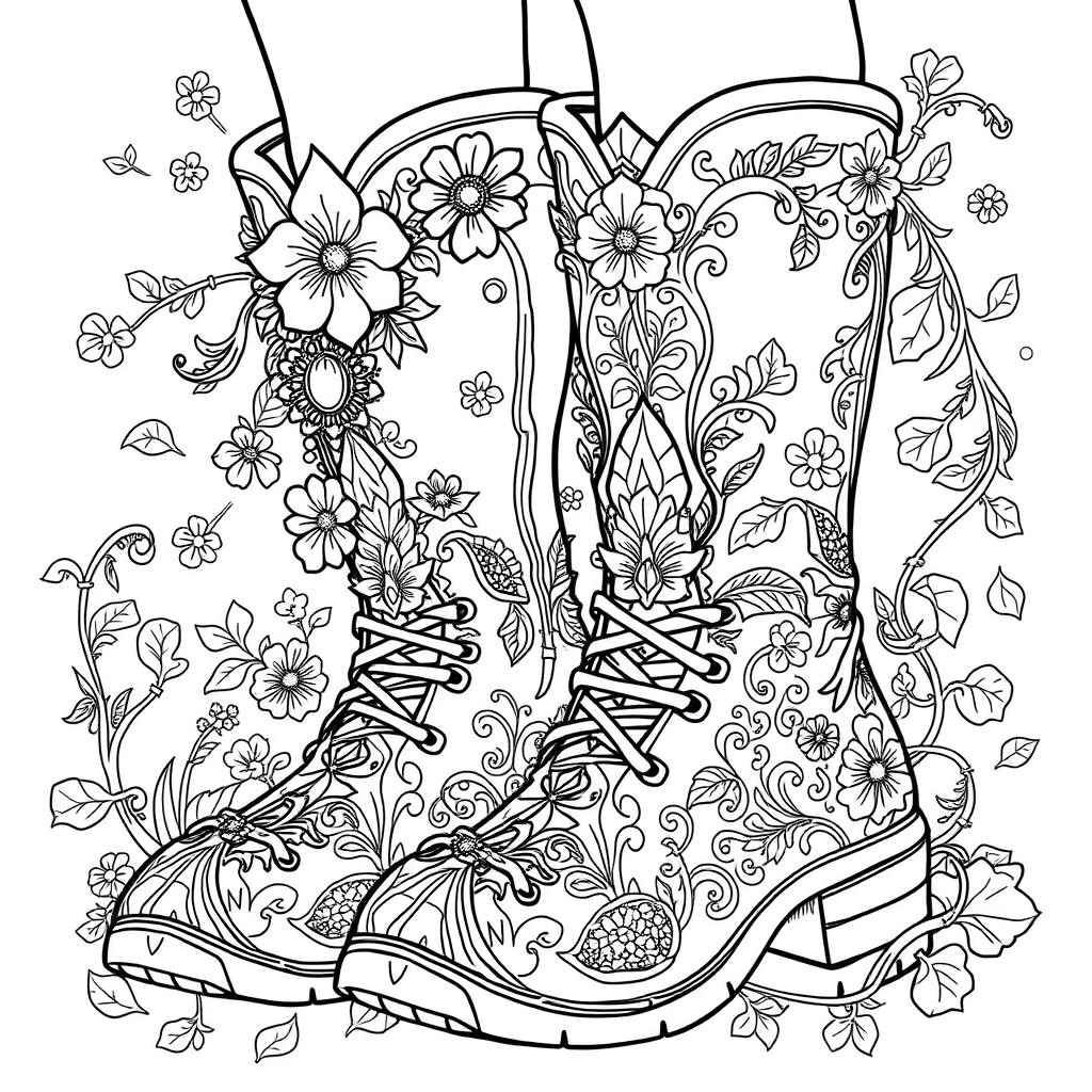 A black-and-white coloring page illustration of a pair of fantasy men's boots designed for gnomes, elves, or fairies