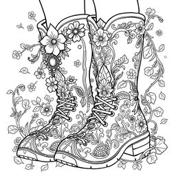 A black-and-white coloring page illustration of a pair of fantasy men's boots designed for gnomes, elves, or fairies