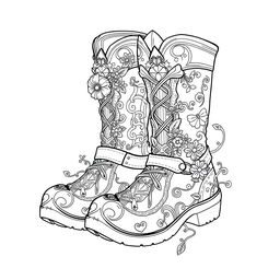 A black-and-white coloring page illustration of a pair of fantasy men's boots designed for gnomes, elves, or fairies