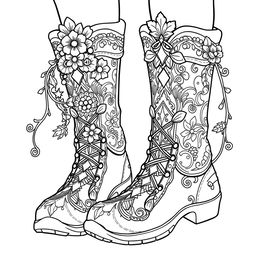 A black-and-white coloring page illustration of a pair of fantasy men's boots designed for gnomes, elves, or fairies