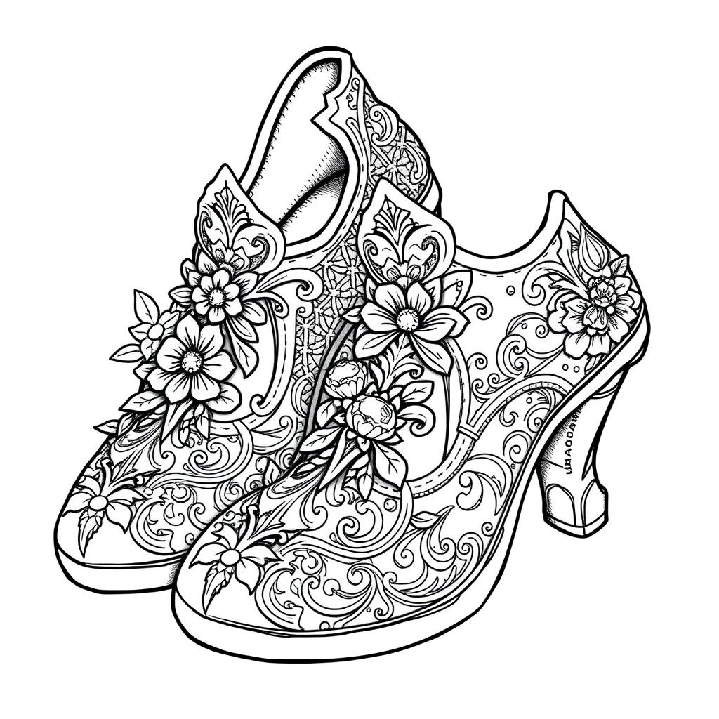 A black-and-white coloring page illustration of a pair of fantasy women's shoes designed for gnomes, elves, or fairies