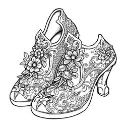 A black-and-white coloring page illustration of a pair of fantasy women's shoes designed for gnomes, elves, or fairies