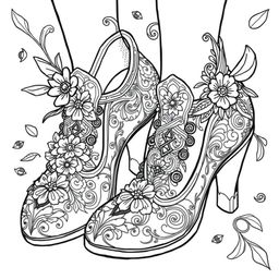 A black-and-white coloring page illustration of a pair of fantasy women's shoes designed for gnomes, elves, or fairies