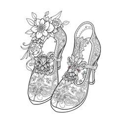 A black-and-white coloring page illustration of a pair of fantasy women's shoes designed for gnomes, elves, or fairies