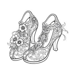 A black-and-white coloring page illustration of a pair of fantasy women's shoes designed for gnomes, elves, or fairies