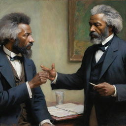 Illustrate Frederick Douglass in a passionate debate with another person, painted in Claude Monet's impressionistic style. The two figures are highlighted by vibrant strokes, their expressions and animated gestures communicating the intensity of their intellectual exchange.