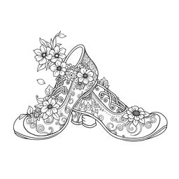 A black-and-white coloring page illustration of a pair of fantasy women's shoes designed for gnomes, elves, or fairies