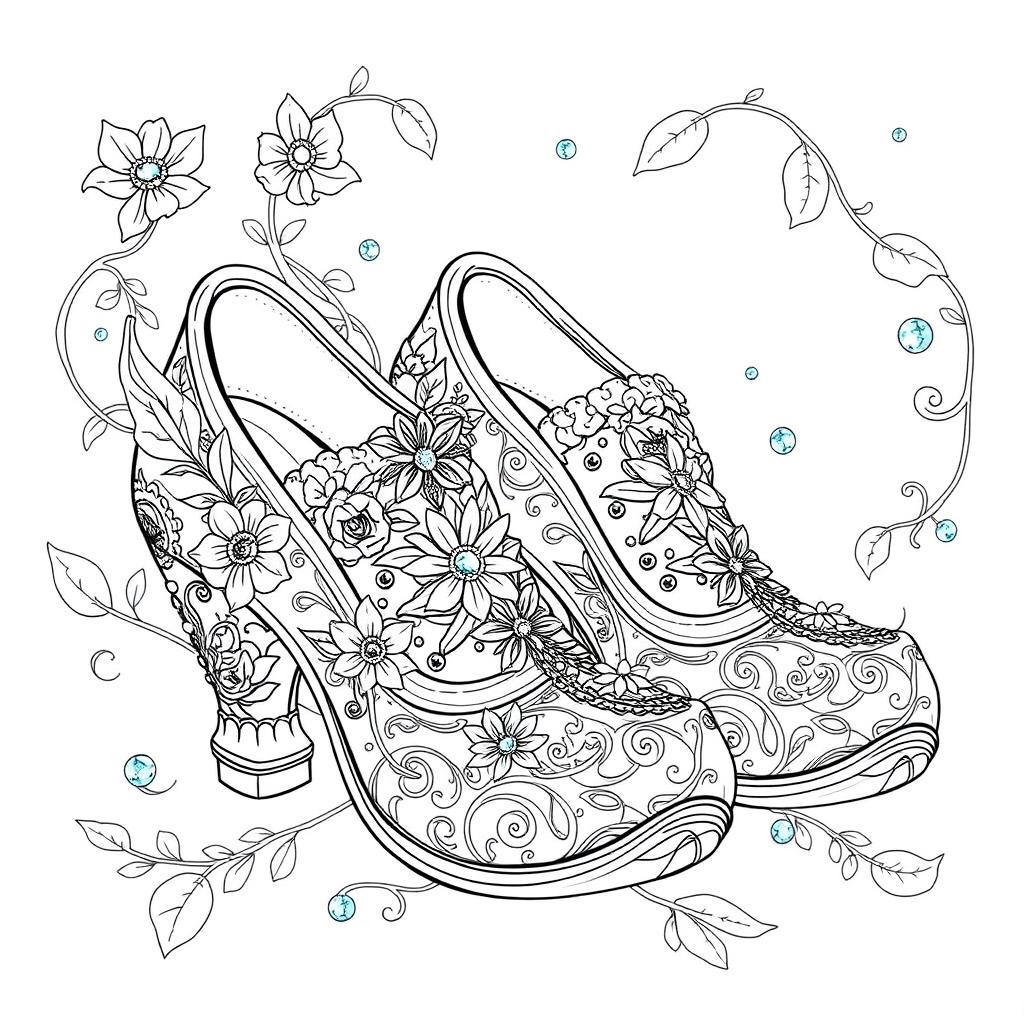 A black-and-white coloring page illustration of a pair of fantasy women's shoes designed for gnomes, elves, or fairies