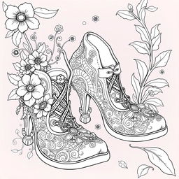 A black-and-white coloring page illustration of a pair of fantasy women's shoes designed for gnomes, elves, or fairies