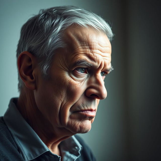 A close-up profile of a 60-year-old Caucasian man, looking irritated yet deep in thought