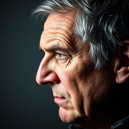 A close-up profile of a 60-year-old Caucasian man, looking irritated yet deep in thought