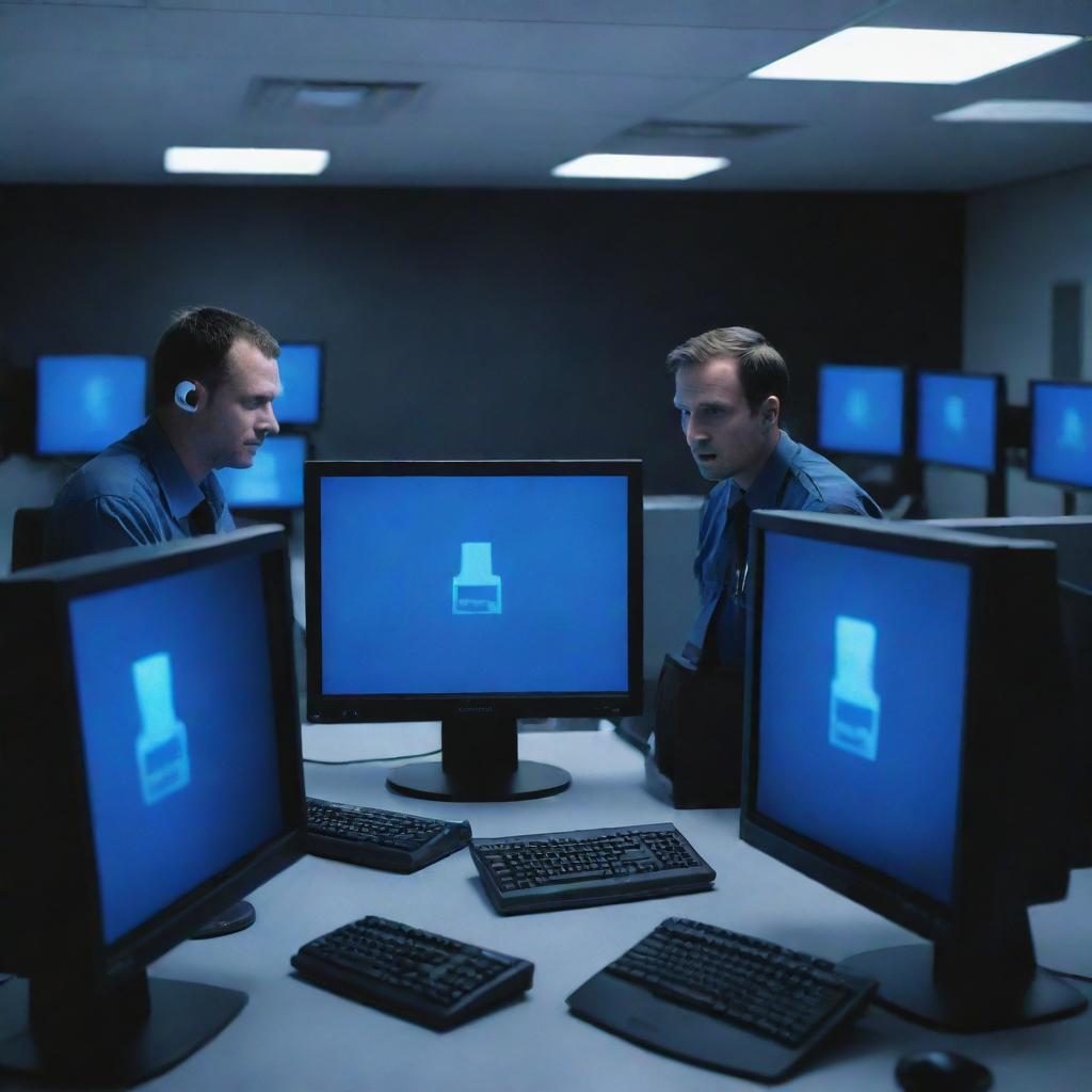 Modify the image to depict a critical situation where a blue screen error occurs on the computer screens in the high-tech room, casting a chilling blue glow on the concerned faces of the security staff.