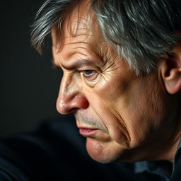 A close-up profile of a 60-year-old Caucasian man, looking irritated yet deep in thought