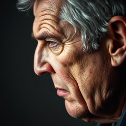 A close-up profile of a 60-year-old Caucasian man, looking irritated yet deep in thought