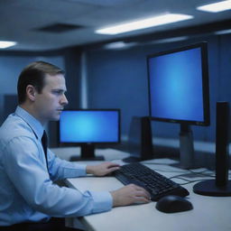 Modify the image to depict a critical situation where a blue screen error occurs on the computer screens in the high-tech room, casting a chilling blue glow on the concerned faces of the security staff.