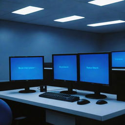 Modify the image to depict a critical situation where a blue screen error occurs on the computer screens in the high-tech room, casting a chilling blue glow on the concerned faces of the security staff.