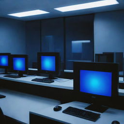 Modify the image to depict a critical situation where a blue screen error occurs on the computer screens in the high-tech room, casting a chilling blue glow on the concerned faces of the security staff.