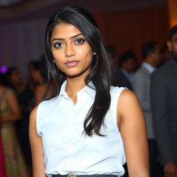 A very pretty Indian girl with a medium brown complexion, wearing a white sleeveless shirt with buttons and a stylish skirt