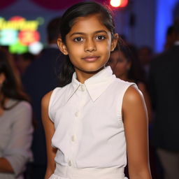 A very pretty Indian girl with a medium brown complexion, wearing a white sleeveless shirt with buttons and a stylish skirt