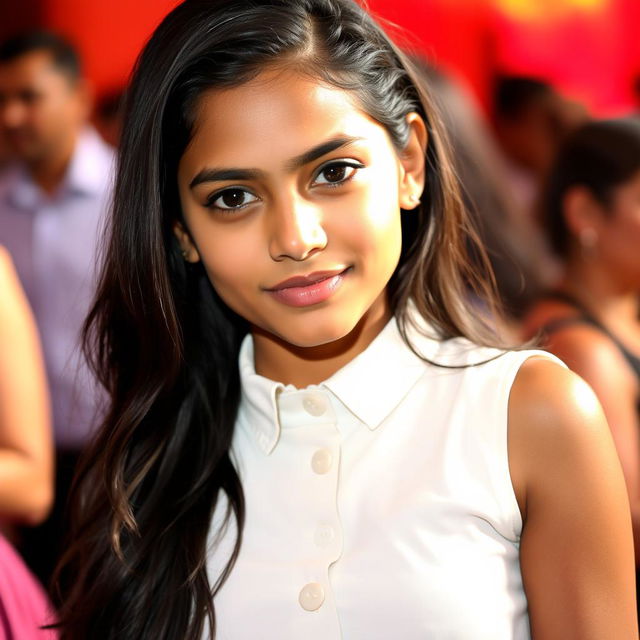 A very pretty Indian girl with a medium brown complexion, wearing a white sleeveless shirt with buttons and a stylish skirt