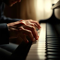 A close-up profile of a Caucasian man's hands gracefully playing a piano