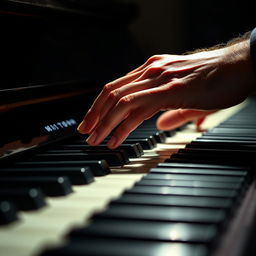 A close-up profile of a Caucasian man's hands gracefully playing a piano
