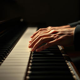 A close-up profile of a Caucasian man's hands gracefully playing a piano