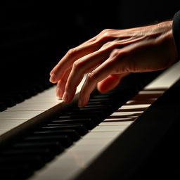 A close-up profile of a Caucasian man's hands gracefully playing a piano