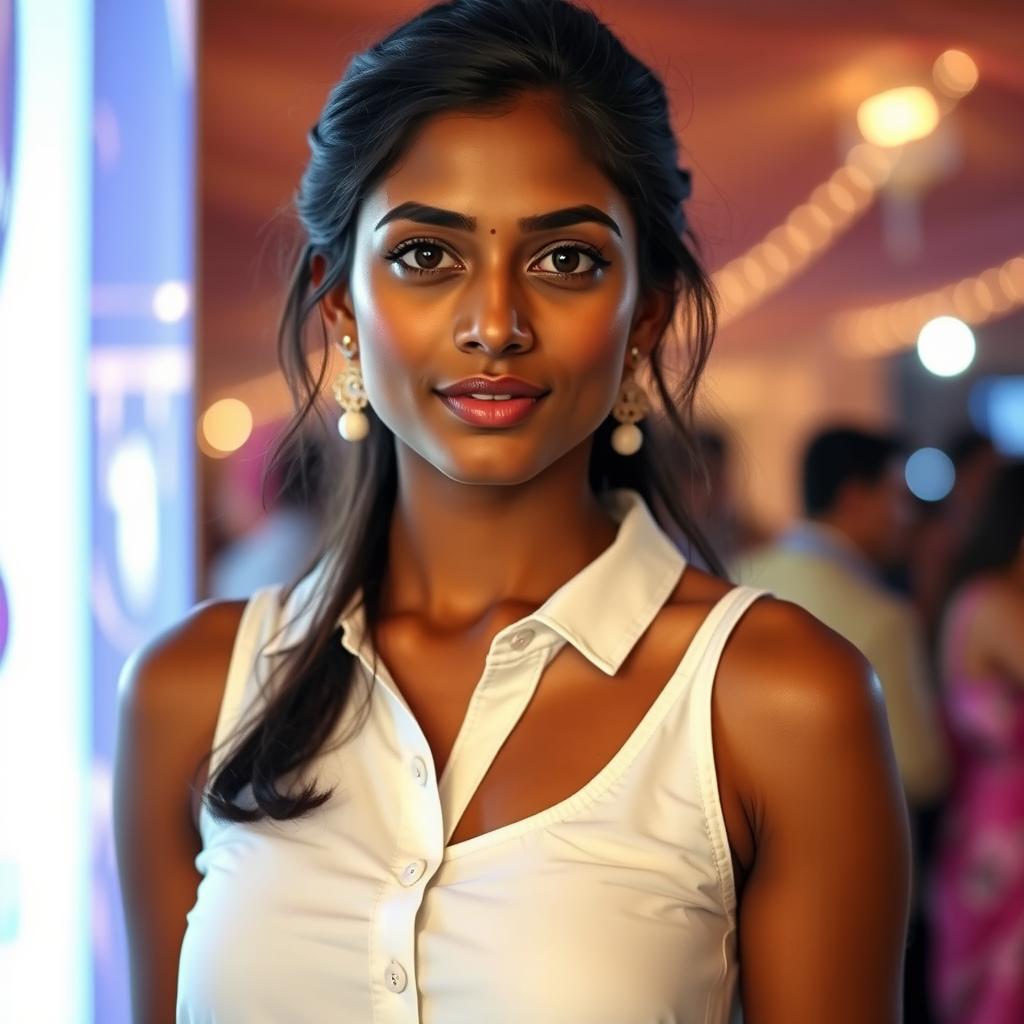 A very pretty Indian woman, aged 25, wearing a white sleeveless shirt with buttons and a matching skirt, standing at an event