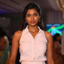 A very pretty Indian woman, aged 25, wearing a white sleeveless shirt with buttons and a matching skirt, standing at an event