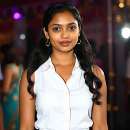 A very pretty Indian woman, aged 25, wearing a white sleeveless shirt with buttons and a matching skirt, standing at an event